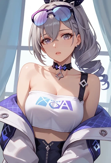 star rail,silver wolf,off-shoulder top,dolphin shorts  - AI generated anime art